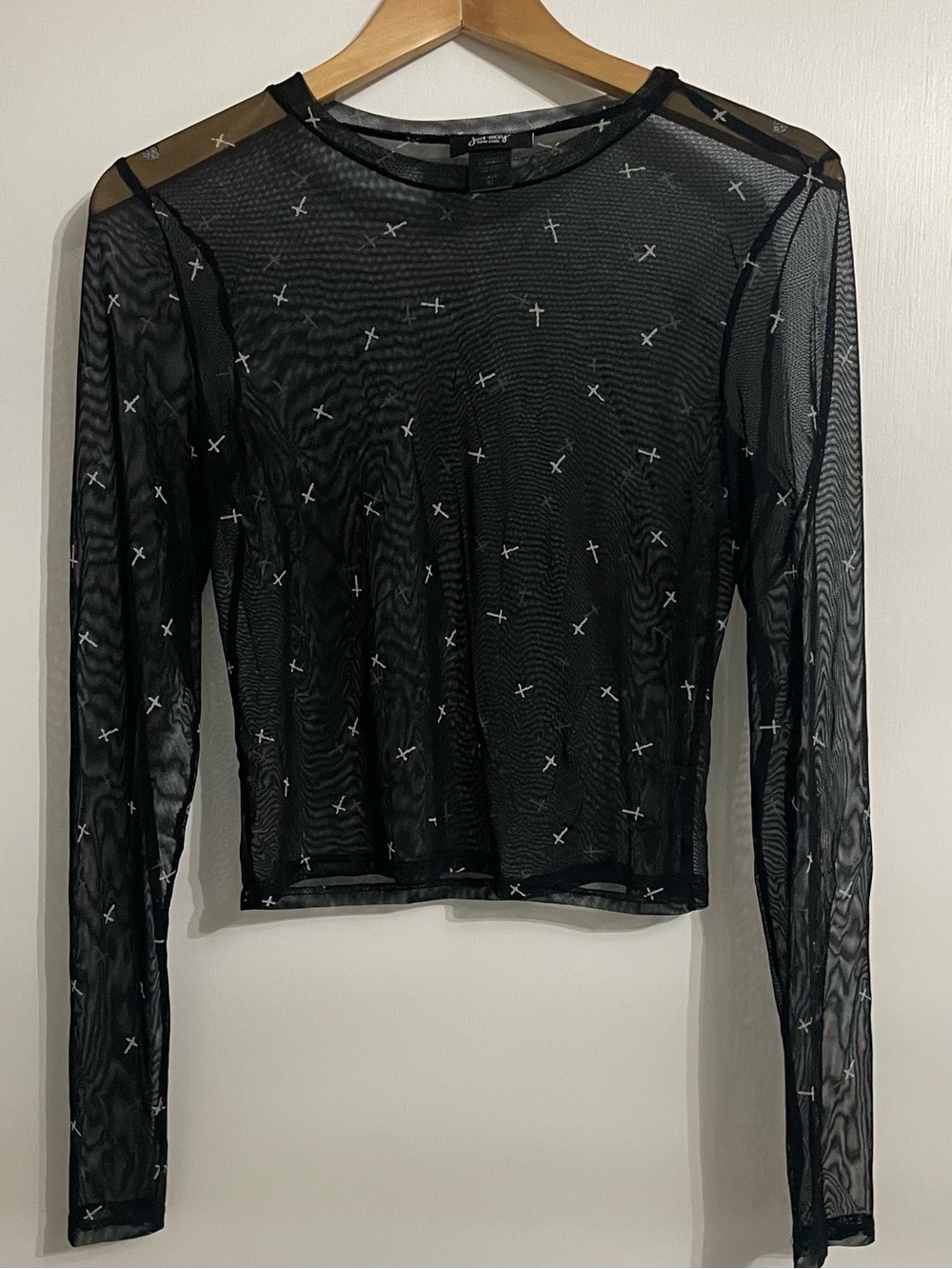 Black Sheer Mesh Long Sleeve Top with Cross Embroidery